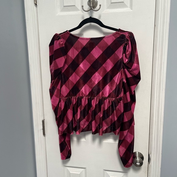Maeve Anthropologie Velvet Babydoll Top pink brown plaid puff NWT Large - Picture 7 of 9
